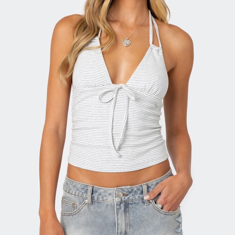 Edikted White and Gray Striped Halter Top